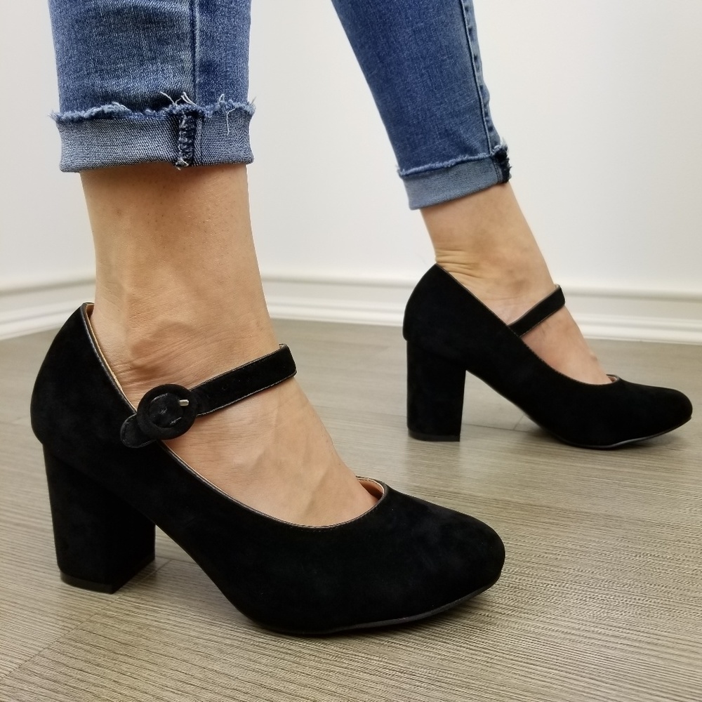 Cute black faux suede chunky heel pumps - Picture 2 of 8